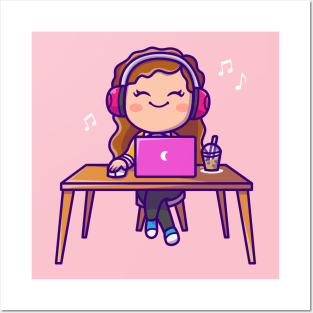 Cute Woman Listening Music On Laptop With Headphone Posters and Art